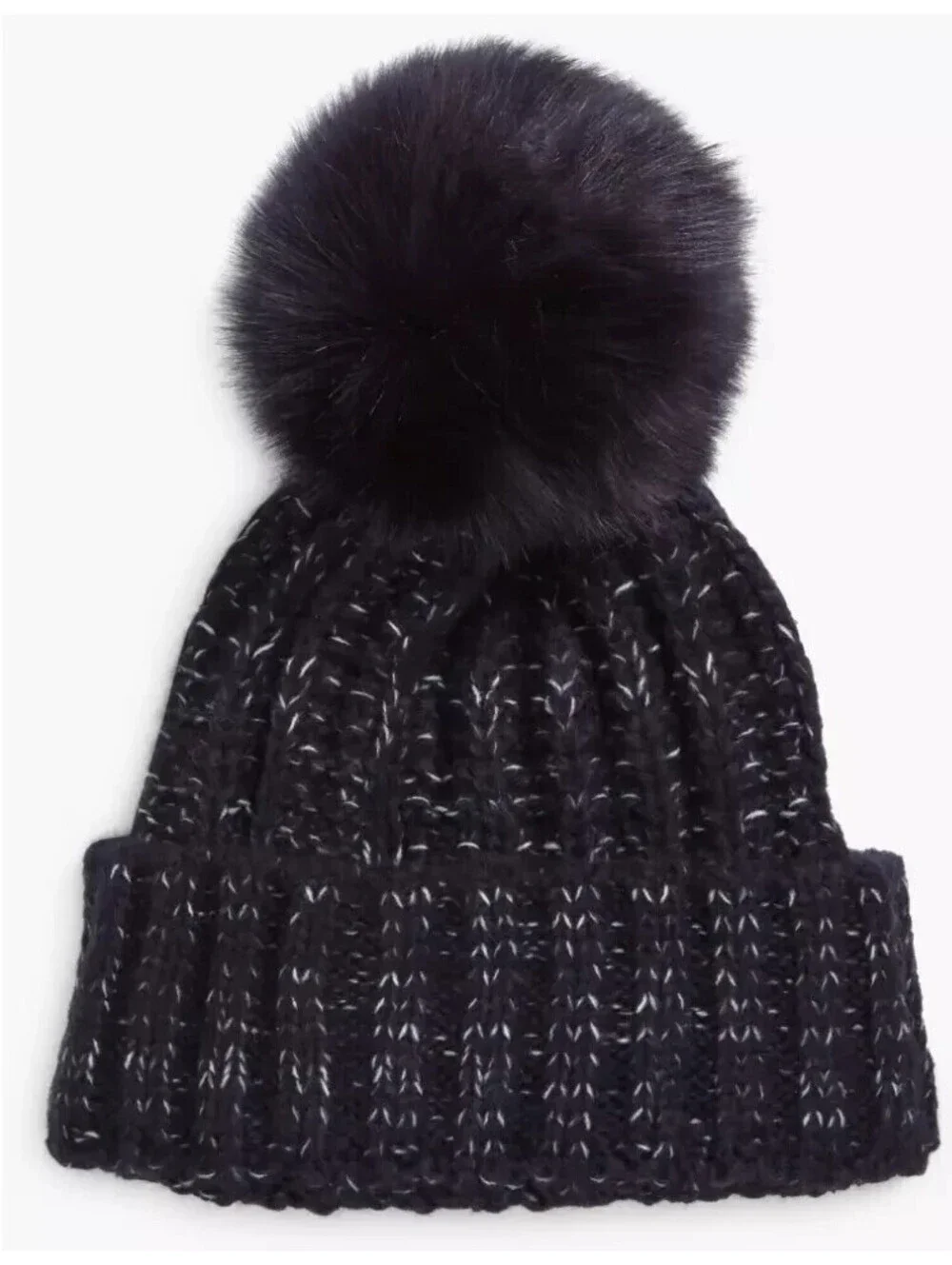 Kyi Kyi Knitted Women's Faux-Fur Pom Pom Beanie Hat, Black, One-Size, $65